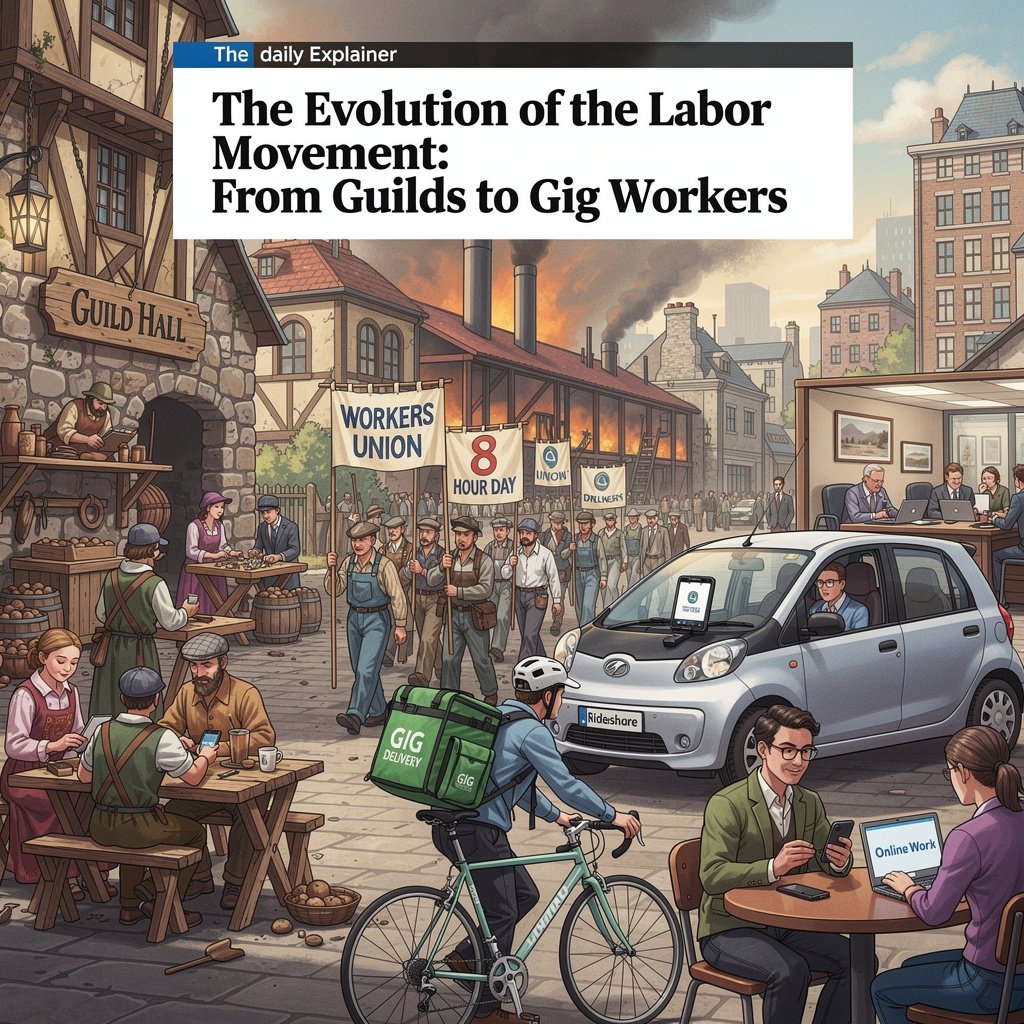 Detailed timeline showing key developments in labor movements from pre-industrial crafts to contemporary platform work organizing