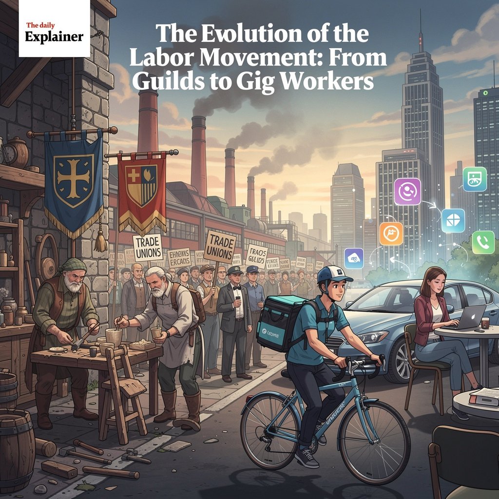 Detailed timeline showing key developments in labor movements from pre-industrial crafts to contemporary platform work organizing