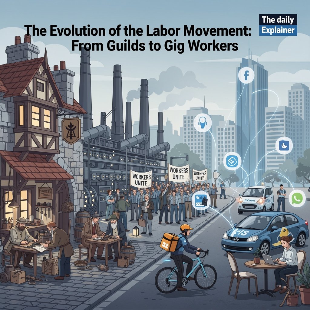 Detailed timeline showing key developments in labor movements from pre-industrial crafts to contemporary platform work organizing