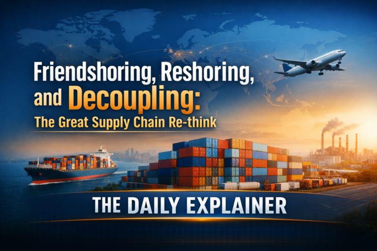 Infographic comparing traditional globalized supply chains vs. modern resilient networks, showing maps with arrows for reshoring, nearshoring, and friendshoring.