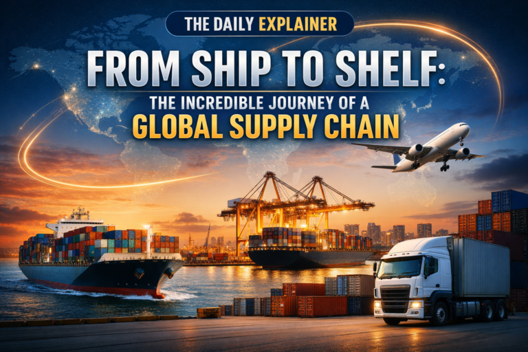 Step-by-step visual timeline following a product from component sourcing to final retail sale, highlighting key stages and transportation modes.