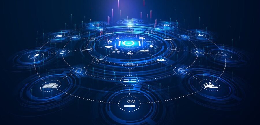Infographic showing how IoT devices in homes, industry, and cities interconnect and expand the cyber attack surface for hackers.