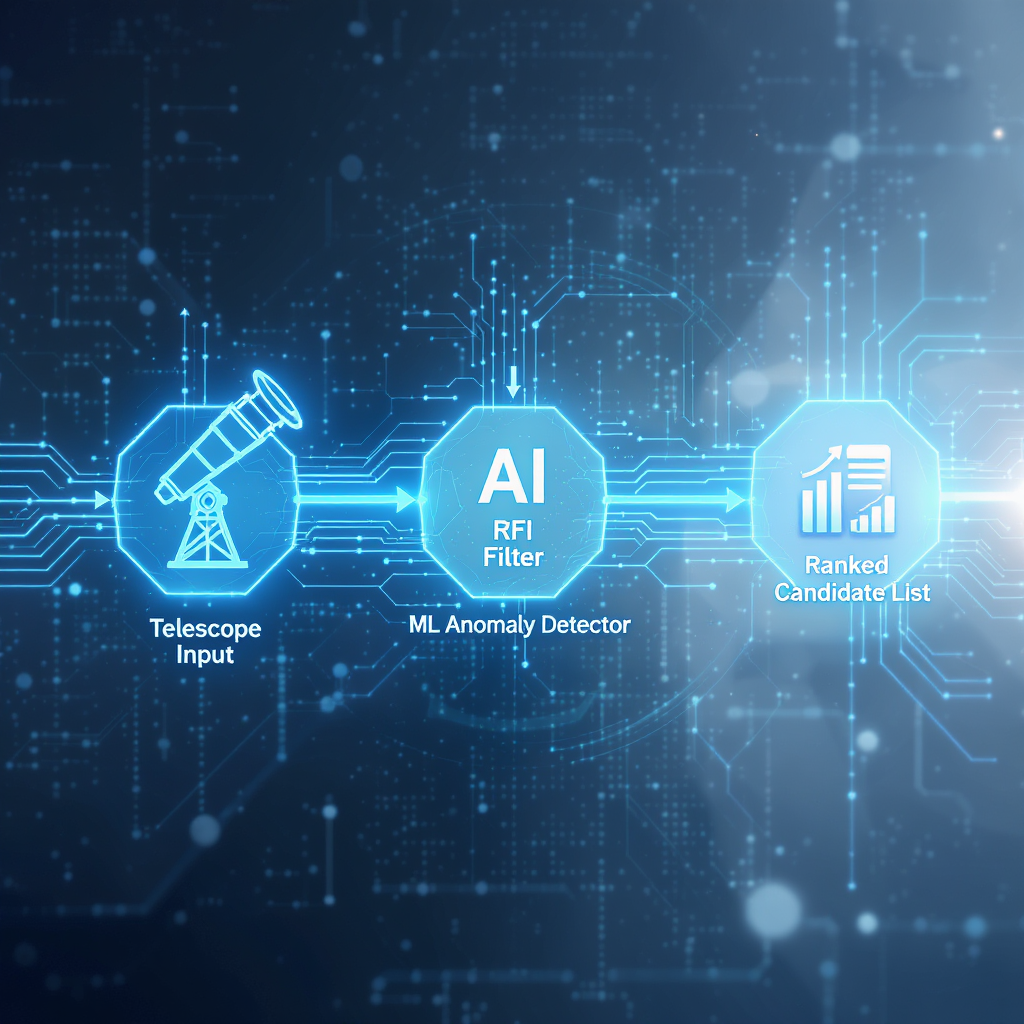Flow diagram showing telescope data flowing through an AI RFI filter, then an ML anomaly detector, producing a ranked candidate list for human review and follow-up.