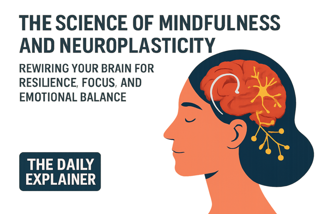 An illustrated brain diagram with color-coded highlights showing the hippocampus (green, growing), amygdala (red, shrinking), prefrontal cortex (blue, thickening), and default mode network (yellow, fading).