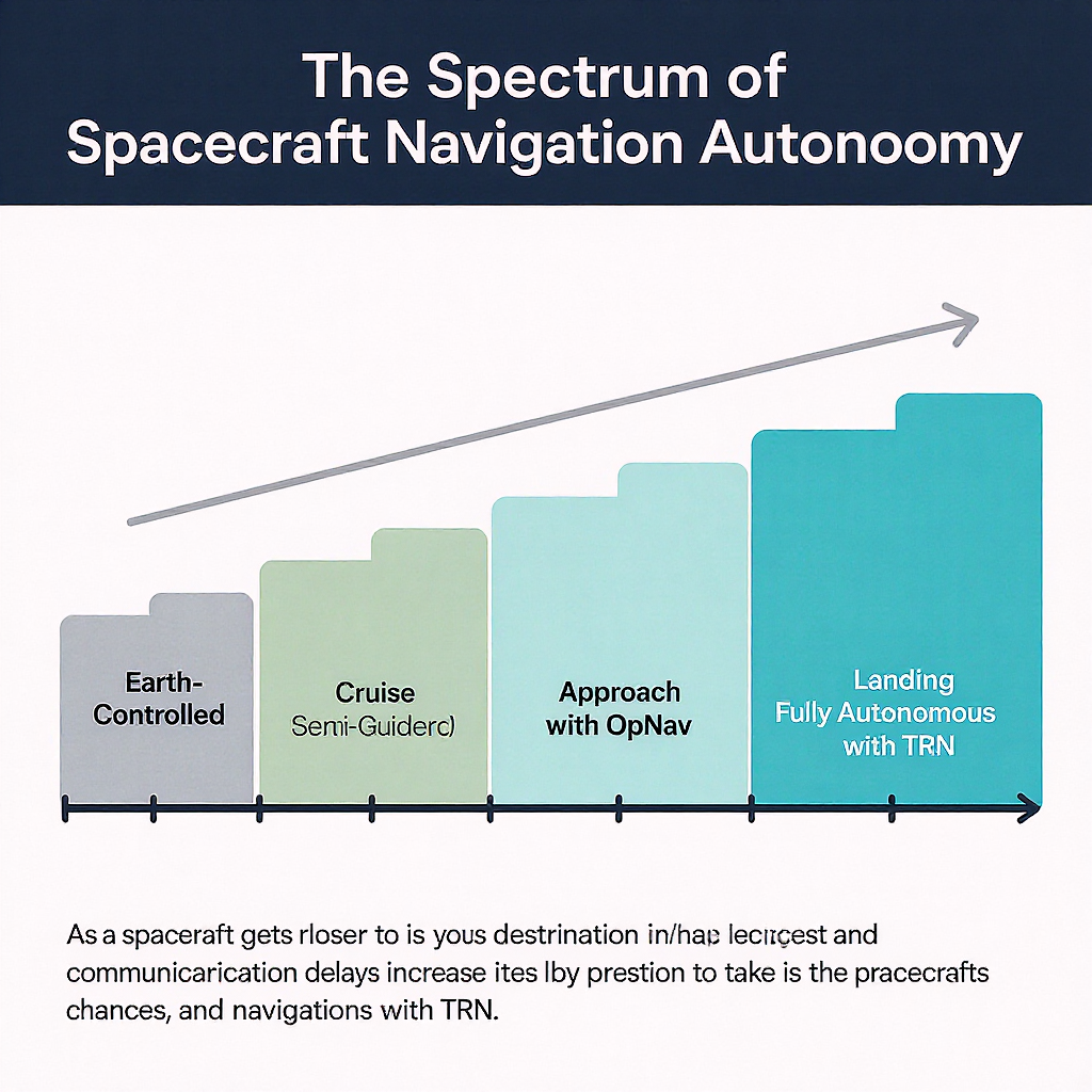 A sliding scale graphic showing increasing autonomy from Launch (Earth-Controlled) to Cruise (Earth-Guided) to Approach (Semi-Autonomous with OpNav) to Landing (Fully Autonomous with TRN).