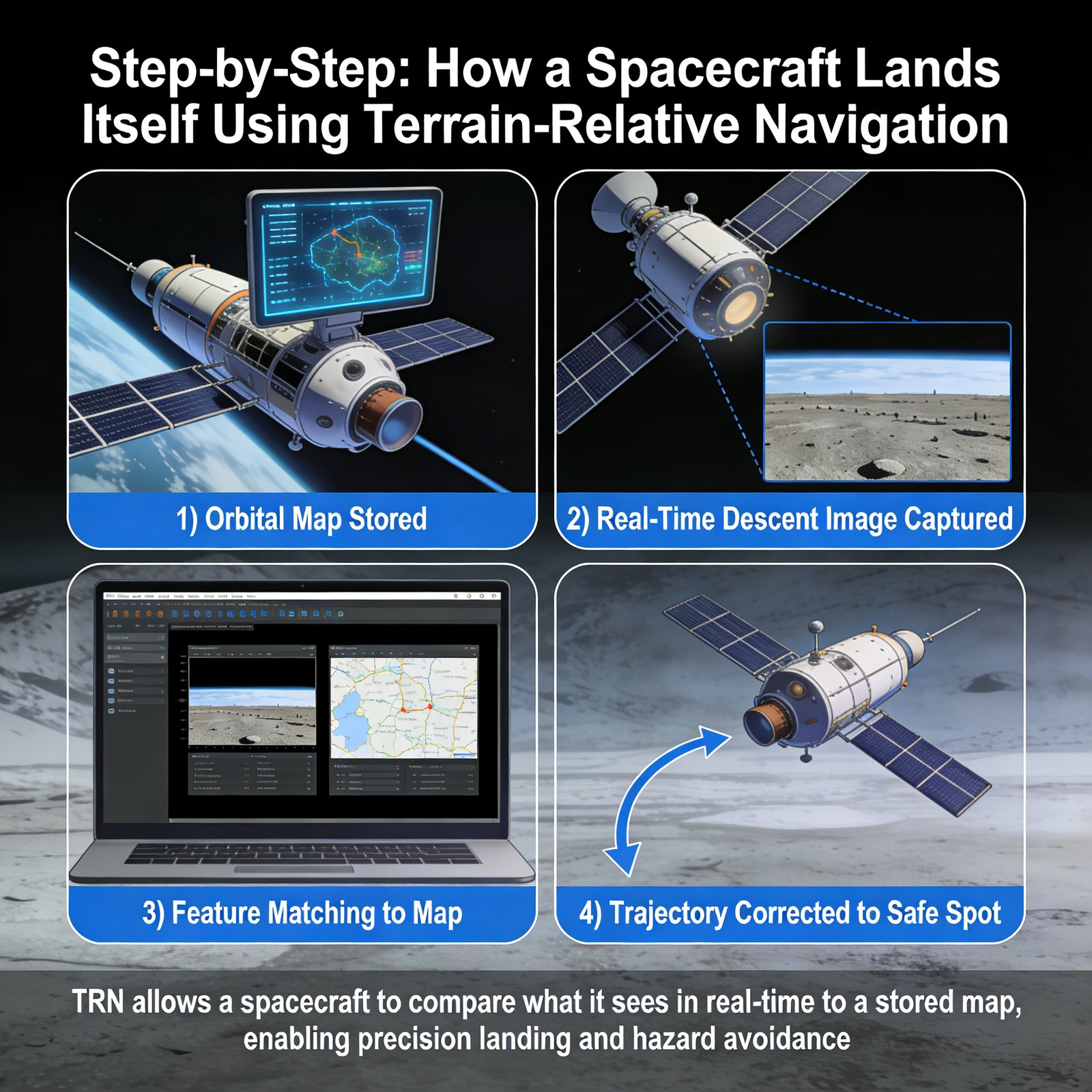 A sliding scale graphic showing increasing autonomy from Launch (Earth-Controlled) to Cruise (Earth-Guided) to Approach (Semi-Autonomous with OpNav) to Landing (Fully Autonomous with TRN).