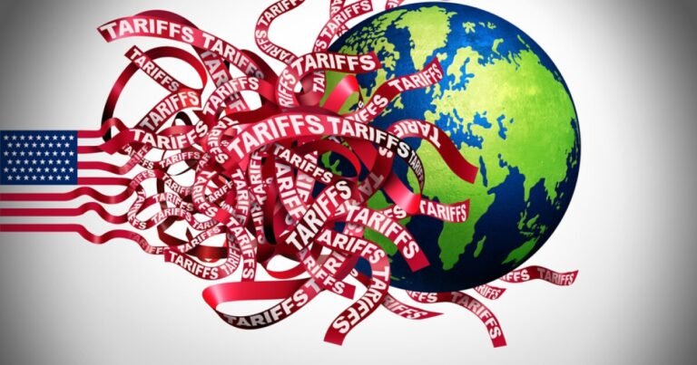 Flowchart diagram showing step-by-step impact of tariffs from policy announcement to consumer price increases and supply chain reconfiguration