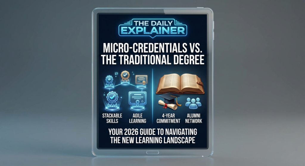 Diagram showing how multiple micro-credentials stack to build a complete skill profile, compared to a single traditional degree path.