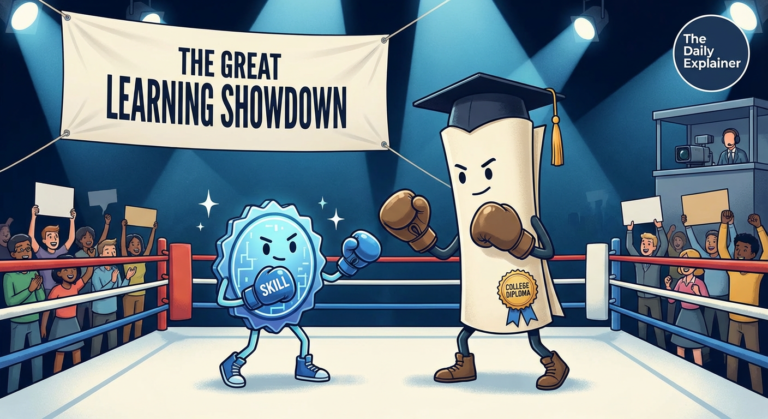 A cartoon drawing of a large tree. The trunk is labeled "College Degree: Critical Thinking, Foundation." The many branches are labeled with icons for different digital badges like "Coding," "Design," "Marketing," etc.