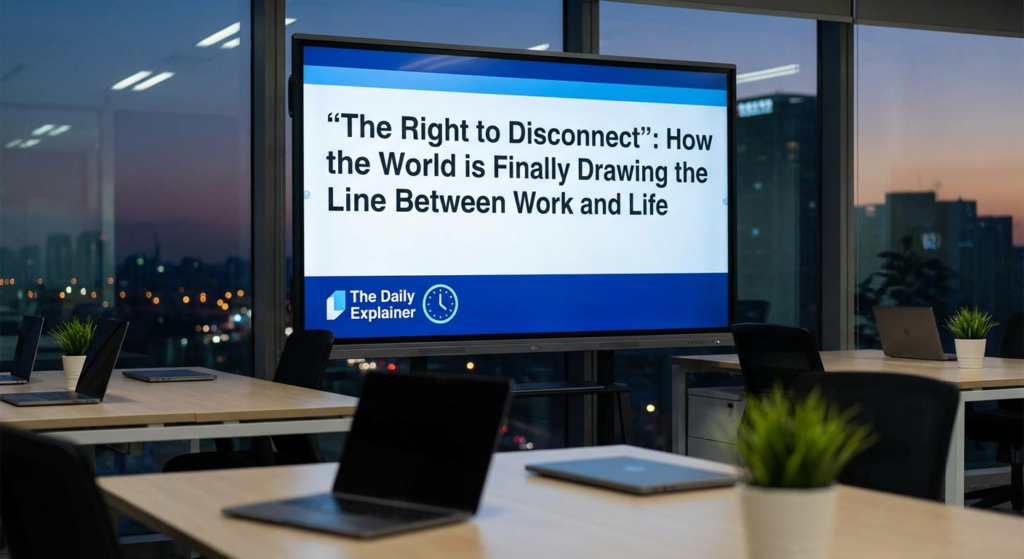 World map highlighting countries with Right to Disconnect laws in 2026, showing France, Spain, Portugal, Ireland, Belgium, Canada, and others in a contrasting color.