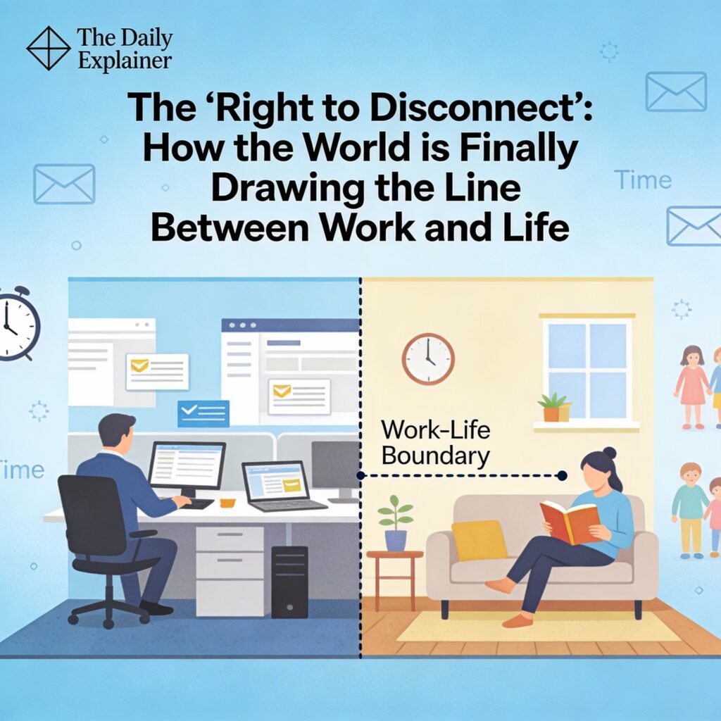 World map highlighting countries with Right to Disconnect laws in 2026, showing France, Spain, Portugal, Ireland, Belgium, Canada, and others in a contrasting color.