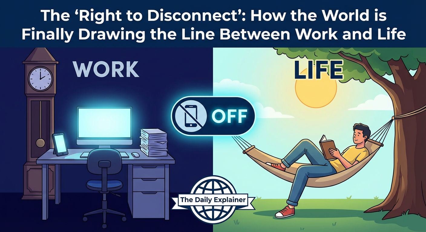 World map highlighting countries with Right to Disconnect laws in 2026, showing France, Spain, Portugal, Ireland, Belgium, Canada, and others in a contrasting color.