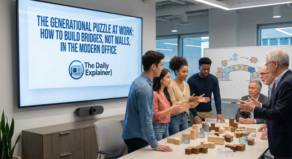 A horizontal timeline infographic showing the five generations in the workforce (Traditionalist, Baby Boomer, Gen X, Millennial, Gen Z) with icons and short phrases summarizing their key formative influences and work values.