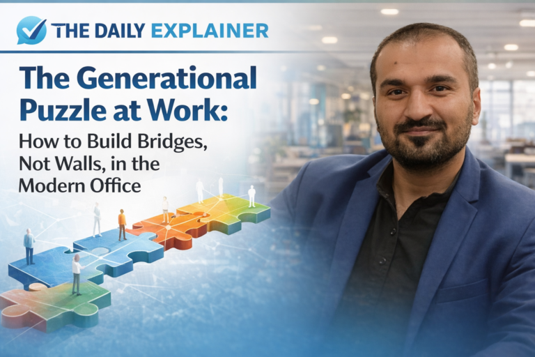 A horizontal timeline infographic showing the five generations in the workforce (Traditionalist, Baby Boomer, Gen X, Millennial, Gen Z) with icons and short phrases summarizing their key formative influences and work values.