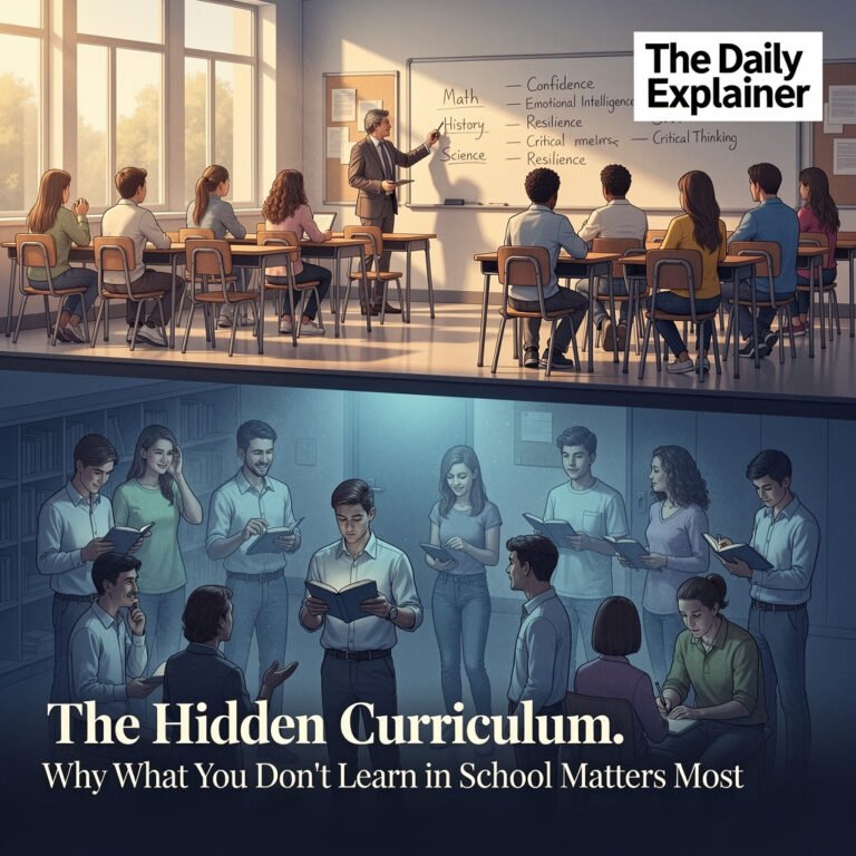 A two-circle Venn diagram. The left circle is "Formal Curriculum: Syllabus, Tests, Stated Goals." The right circle is "Hidden Curriculum: Unwritten Rules, Social Norms, Power Dynamics." The overlapping center is labeled "The Lived Student Experience."