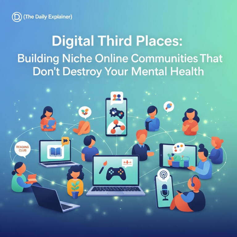 Infographic diagram showing the core components of a healthy online community: Clear Purpose, Strong Code of Conduct, Psychological Safety, Engaged Moderation, Member Rituals, and Sustainable Growth, all interconnected.