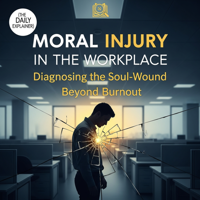 Side-by-side infographic comparing Burnout (Cause: Overwork, Symptoms: Exhaustion/Cynicism, Healing: Rest/Boundaries) and Moral Injury (Cause: Ethical Betrayal, Symptoms: Shame/Loss of Meaning, Healing: Moral Repair/Systemic Change).
