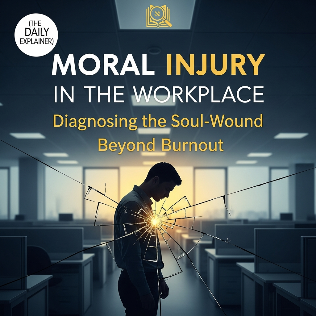 Side-by-side infographic comparing Burnout (Cause: Overwork, Symptoms: Exhaustion/Cynicism, Healing: Rest/Boundaries) and Moral Injury (Cause: Ethical Betrayal, Symptoms: Shame/Loss of Meaning, Healing: Moral Repair/Systemic Change).