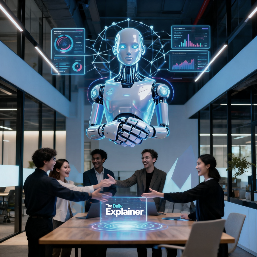 A 2x2 matrix graphic. Y-axis: Human Uniqueness (Low to High). X-axis: AI Competence (Low to High). Quadrants: AI Primary (High AI, Low Human), Co-Creation (High AI, High Human), Human Primary (Low AI, High Human), Legacy/Manual (Low AI, Low Human).