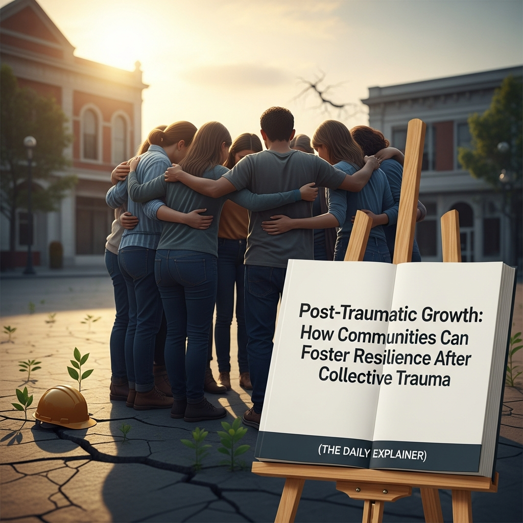 Infographic showing five domains: 1. Deeper Community Connections, 2. New Possibilities & Priorities, 3. Greater Personal & Collective Strength, 4. Spiritual & Existential Re-evaluation, 5. Appreciation for Life & Community. Each has an icon and community-level example.