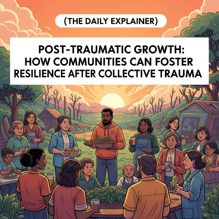 Infographic showing five domains: 1. Deeper Community Connections, 2. New Possibilities & Priorities, 3. Greater Personal & Collective Strength, 4. Spiritual & Existential Re-evaluation, 5. Appreciation for Life & Community. Each has an icon and community-level example.
