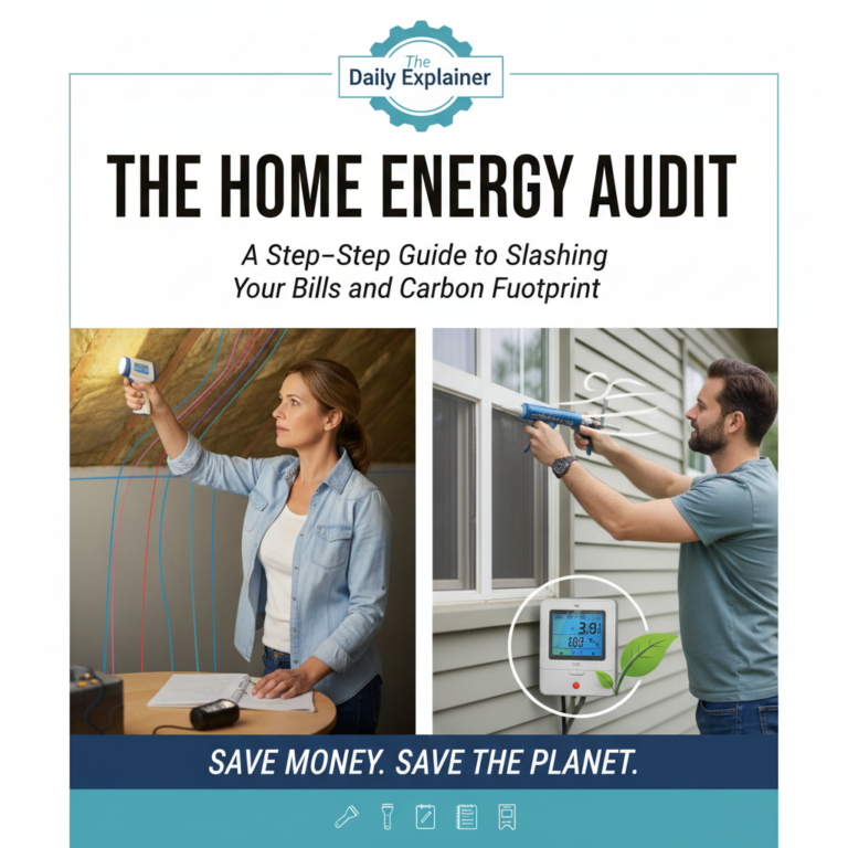 A step-by-step flowchart illustrating the DIY home energy audit process, from gathering bills to checking for leaks and inspecting insulation.