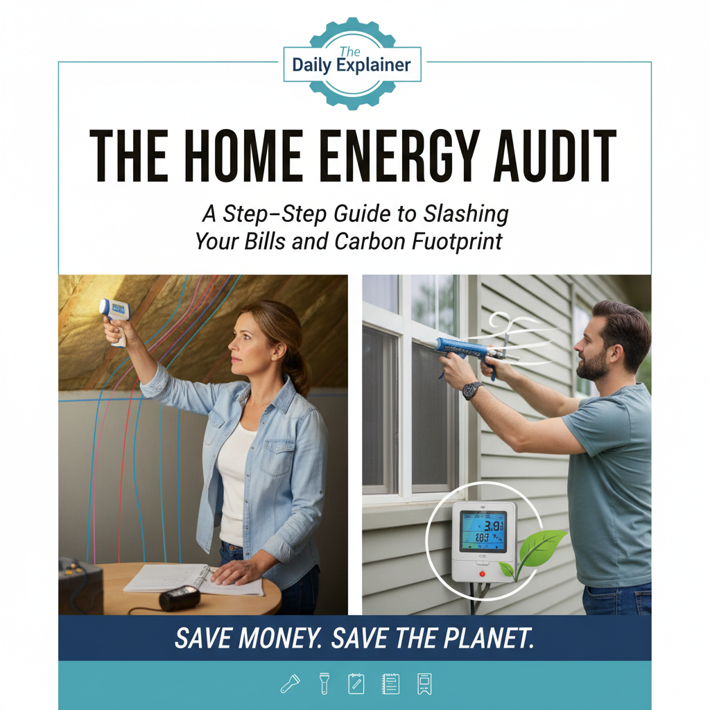 A step-by-step flowchart illustrating the DIY home energy audit process, from gathering bills to checking for leaks and inspecting insulation.