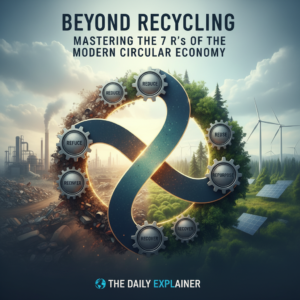 A pyramid graphic showing the hierarchy of the 7 R's: Rethink and Refuse at the top (most impactful), followed by Reduce, Reuse, Repair, Repurpose, with Rot and Recycle at the base (least impactful).