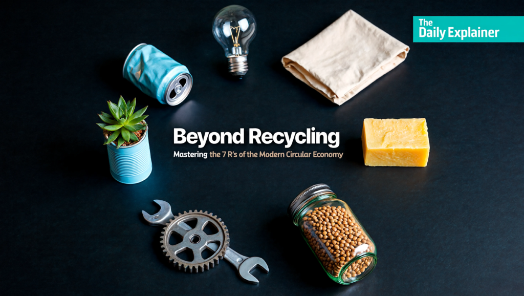 A pyramid graphic showing the hierarchy of the 7 R's: Rethink and Refuse at the top (most impactful), followed by Reduce, Reuse, Repair, Repurpose, with Rot and Recycle at the base (least impactful).