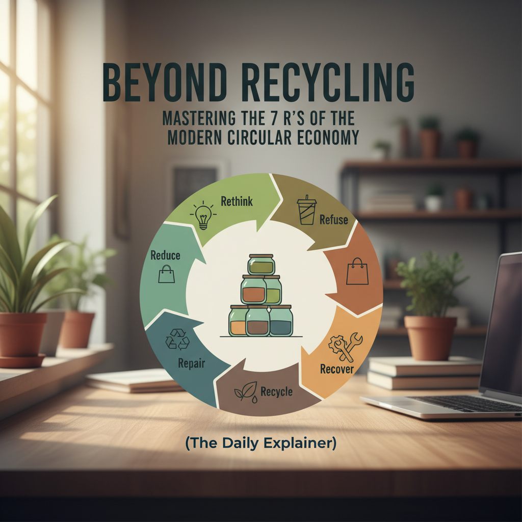 A pyramid graphic showing the hierarchy of the 7 R's: Rethink and Refuse at the top (most impactful), followed by Reduce, Reuse, Repair, Repurpose, with Rot and Recycle at the base (least impactful).