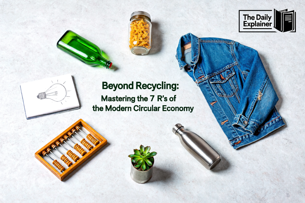 A pyramid graphic showing the hierarchy of the 7 R's: Rethink and Refuse at the top (most impactful), followed by Reduce, Reuse, Repair, Repurpose, with Rot and Recycle at the base (least impactful).