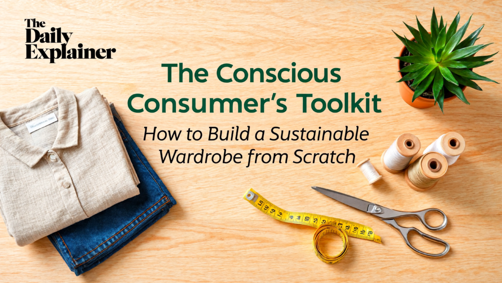 A decision flowchart for conscious shopping: Start at "Need Item?" flowing to Forgo, Find Secondhand, Fix, Favor Ethical, and Fractional (Rent).