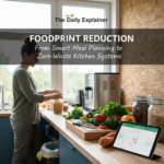 Comprehensive flowchart showing the food waste reduction system: Start with Audit, move to Meal Plan, then Smart Shop, Proper Storage, Creative Use, and finally Compost.