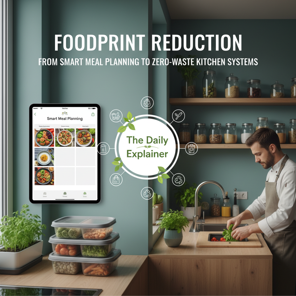Comprehensive flowchart showing the food waste reduction system: Start with Audit, move to Meal Plan, then Smart Shop, Proper Storage, Creative Use, and finally Compost.