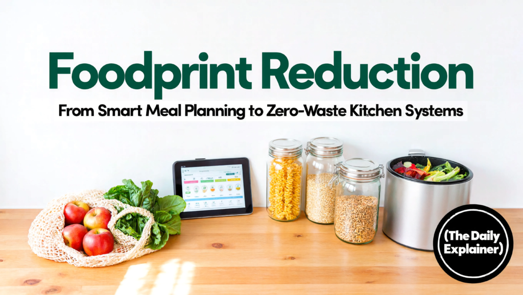 Comprehensive flowchart showing the food waste reduction system: Start with Audit, move to Meal Plan, then Smart Shop, Proper Storage, Creative Use, and finally Compost.