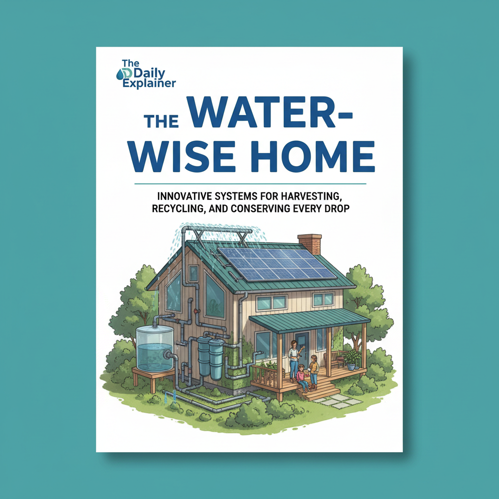Diagram showing a circular water system for a home with rainwater collection, greywater recycling for irrigation, and efficient fixtures reducing municipal water demand.