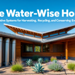 Diagram showing a circular water system for a home with rainwater collection, greywater recycling for irrigation, and efficient fixtures reducing municipal water demand.