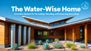 Diagram showing a circular water system for a home with rainwater collection, greywater recycling for irrigation, and efficient fixtures reducing municipal water demand.