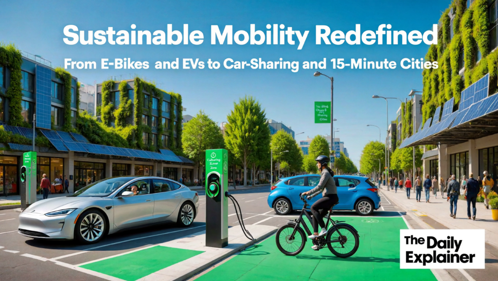 Pyramid diagram ranking transportation modes from most sustainable walking cycling at top to least sustainable single occupancy gas cars at bottom with e-bikes and public transit in middle