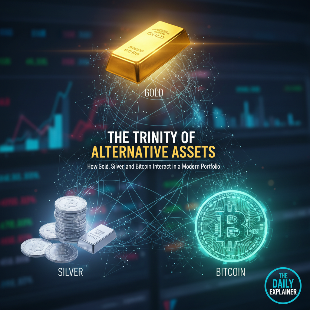 A color-coded heatmap chart showing the rolling 90-day correlation between gold, silver, and Bitcoin from 2020 to early 2026.