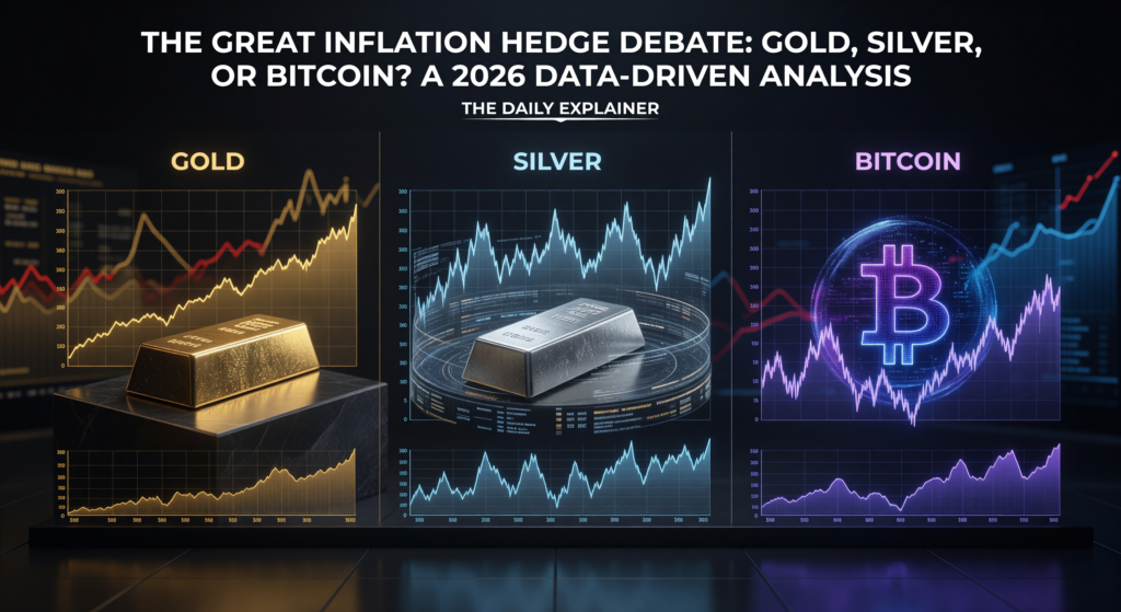 A 2x2 matrix graphic helping investors choose between gold, silver, and bitcoin based on the type of inflation and the state of economic growth.