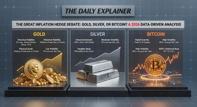 A bar chart comparing the cumulative real inflation-adjusted returns of gold, silver, and bitcoin against the rise in US Consumer Price Index from 2021 through 2025.