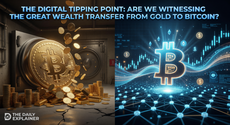 A logarithmic scale chart showing the explosive growth of Bitcoin's market cap from near zero to over $1.8 trillion, compared to the steady growth of gold's above-ground value to ~$14.5 trillion.