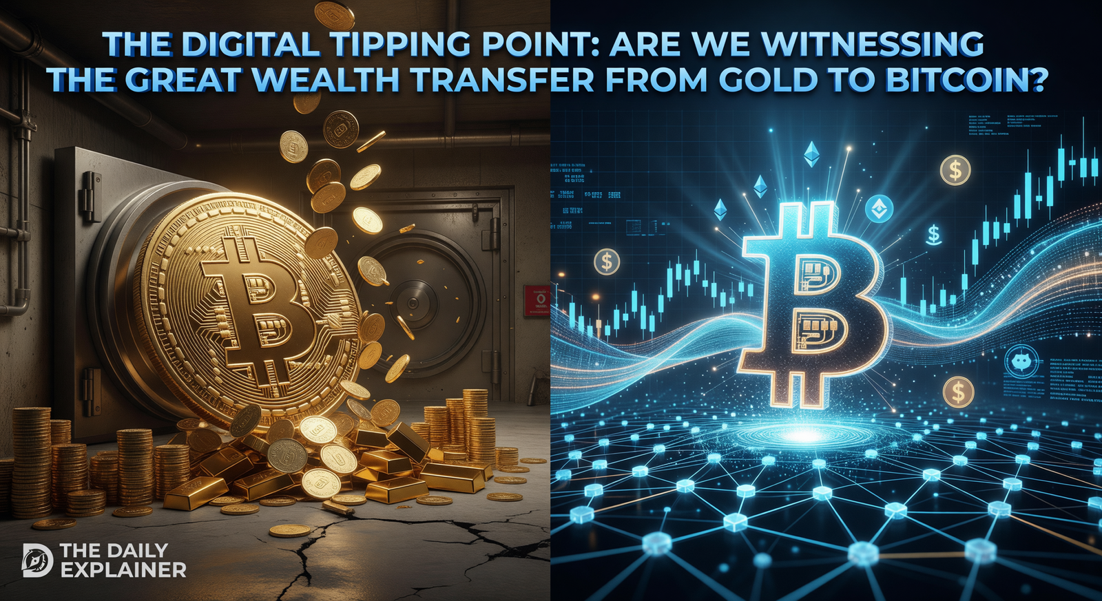 A logarithmic scale chart showing the explosive growth of Bitcoin's market cap from near zero to over $1.8 trillion, compared to the steady growth of gold's above-ground value to ~$14.5 trillion.