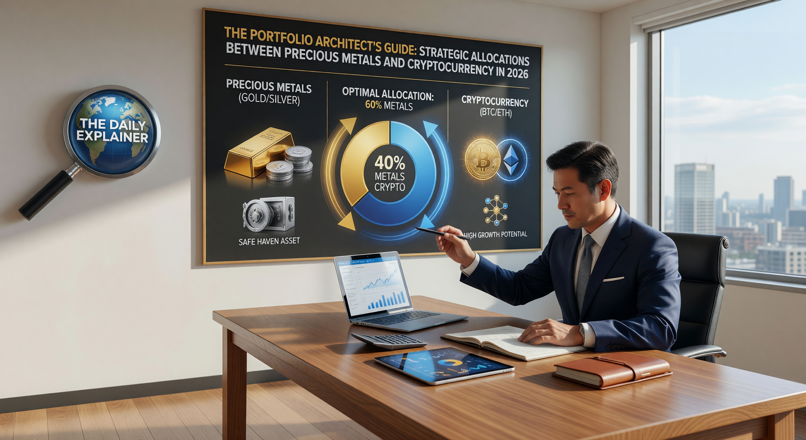An illustrated pyramid or pie chart showing the breakdown of a modern portfolio: 60% Traditional Growth, 30% Traditional Stability, and a detailed 10% Alternative Resilience sleeve split between Gold, Silver, and Bitcoin.