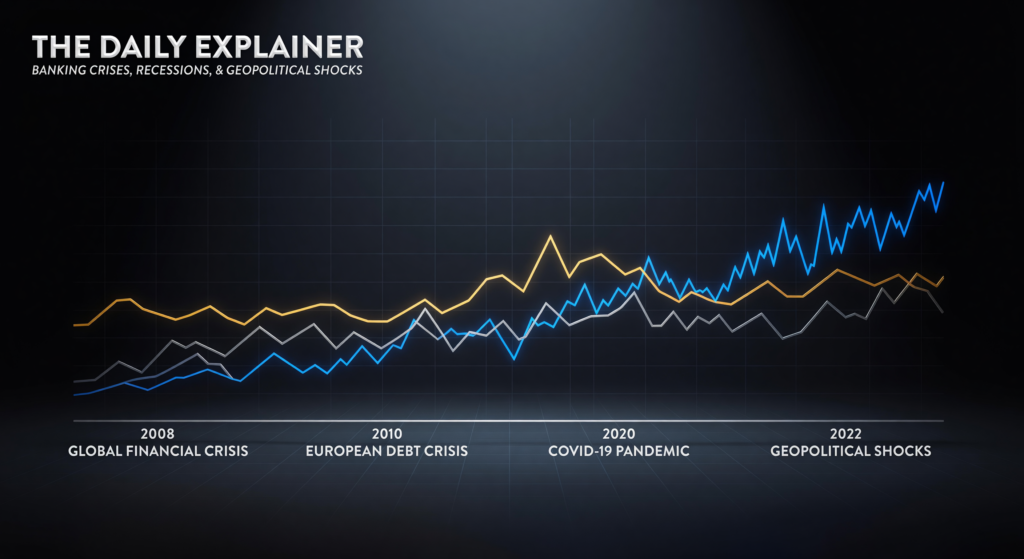 A 2x2 grid mapping four types of crises (Liquidity, Recession, Geopolitical, Currency) against the relative performance of gold, silver, and bitcoin, using color-coded arrows.