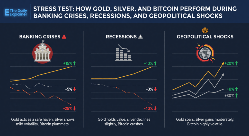 A 2x2 grid mapping four types of crises (Liquidity, Recession, Geopolitical, Currency) against the relative performance of gold, silver, and bitcoin, using color-coded arrows.