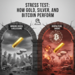 A 2x2 grid mapping four types of crises (Liquidity, Recession, Geopolitical, Currency) against the relative performance of gold, silver, and bitcoin, using color-coded arrows.