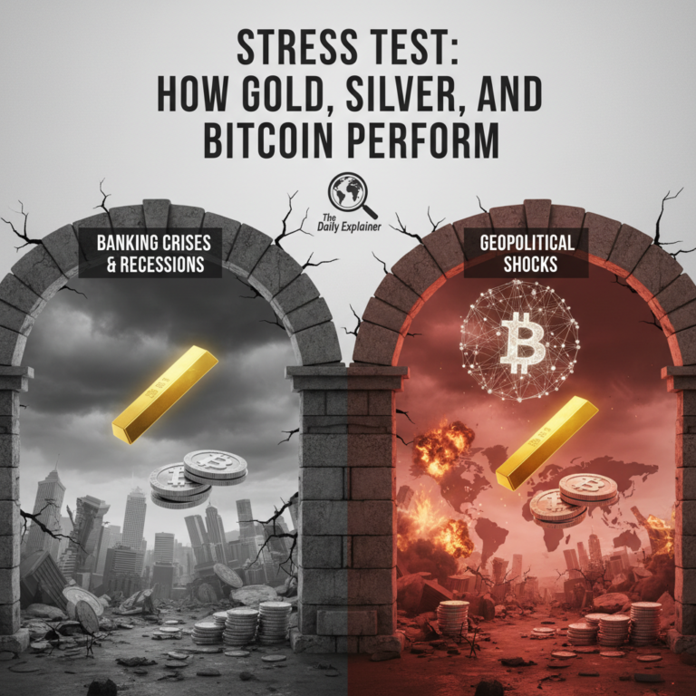 A 2x2 grid mapping four types of crises (Liquidity, Recession, Geopolitical, Currency) against the relative performance of gold, silver, and bitcoin, using color-coded arrows.