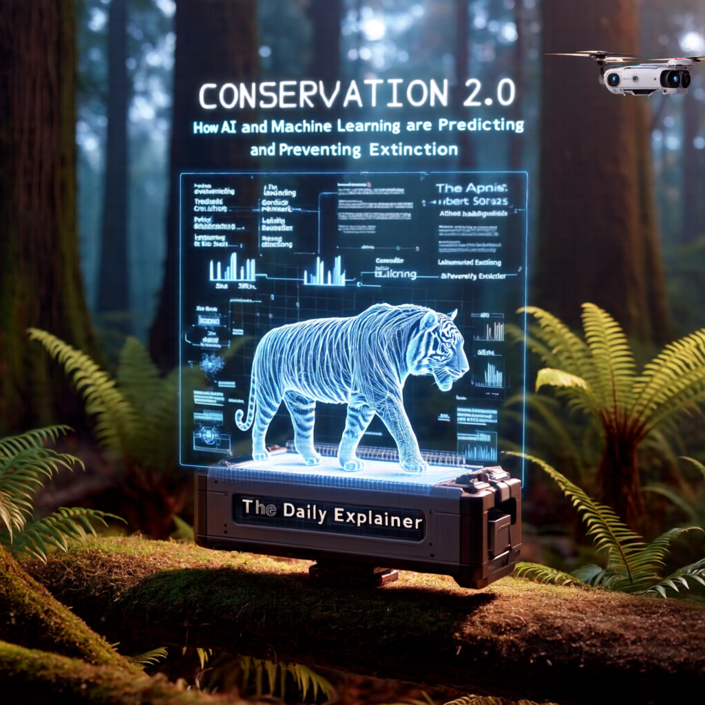 Infographic showing how AI connects data from satellites, camera traps, and acoustic sensors to a central brain that generates alerts for rangers on the ground.